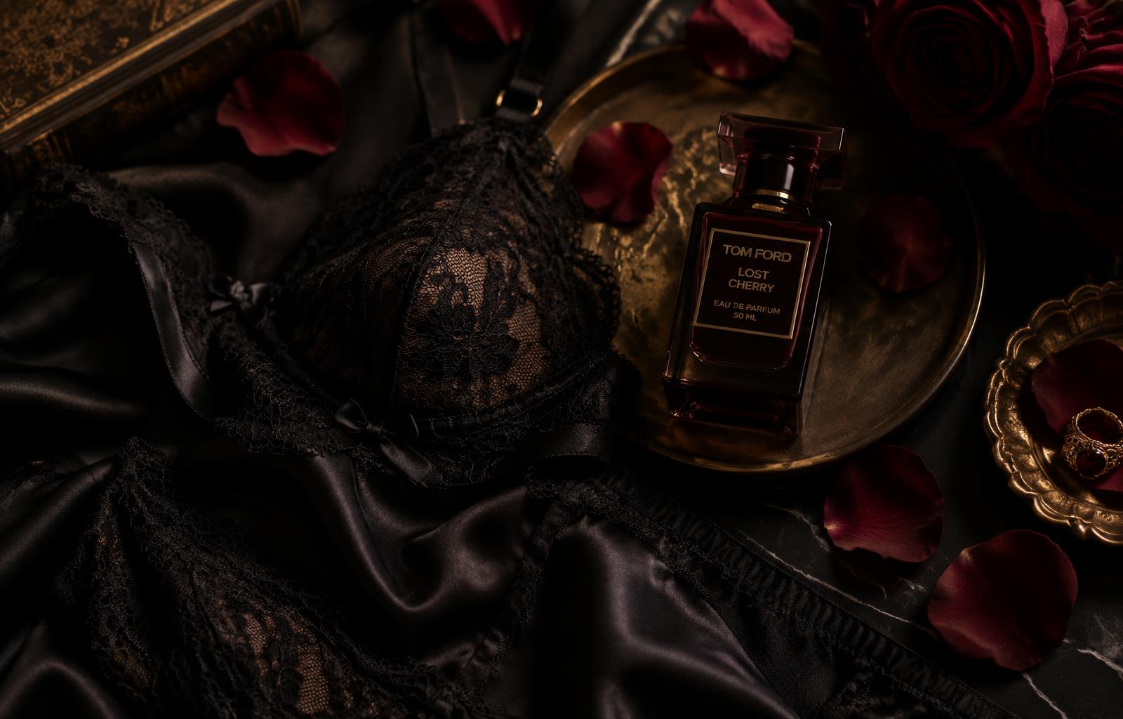 Black lace lingerie, perfume and rose petals